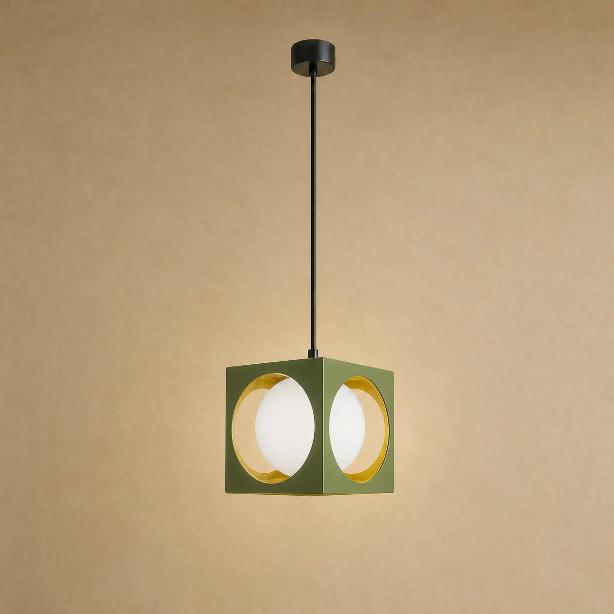 Asina colourful pendant light, olive green wrought iron cube and opal glass globe | Wickleigh