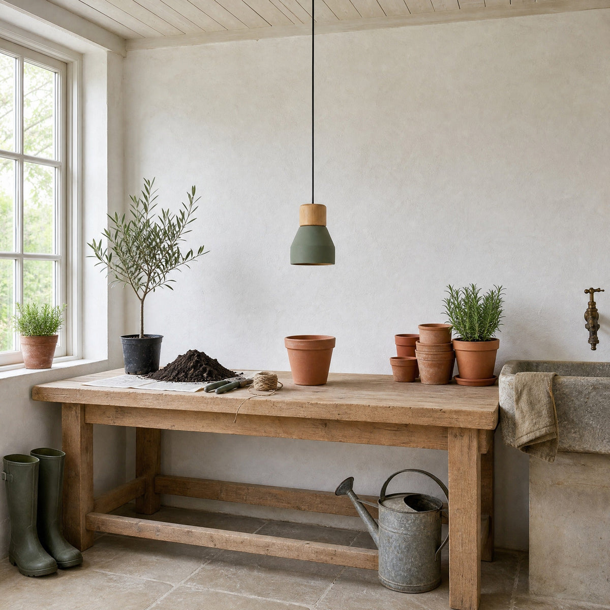Asena concrete pendant light in Sage Green above a potting bench in daylight | Wickleigh