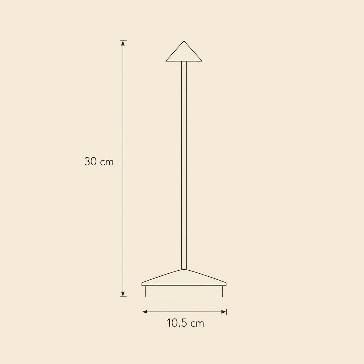 Dimension diagram of the Virren cordless table lamp, 30 cm tall with a 10.5 cm base | Wickleigh