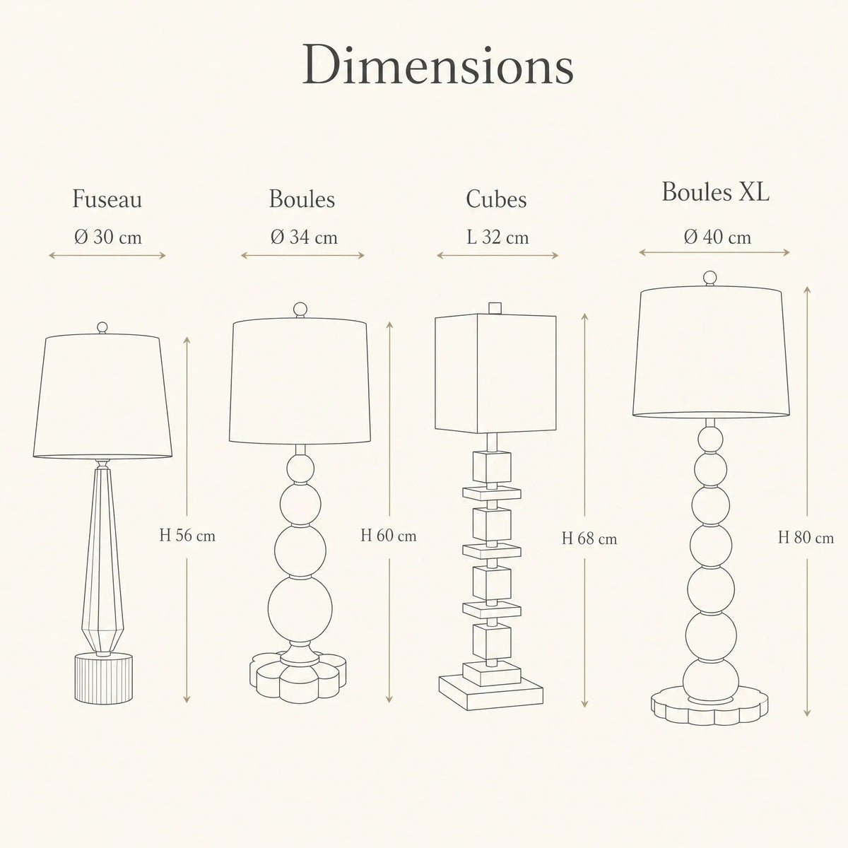 Dimensions of the four Malna crystal lamp silhouettes | Wickleigh
