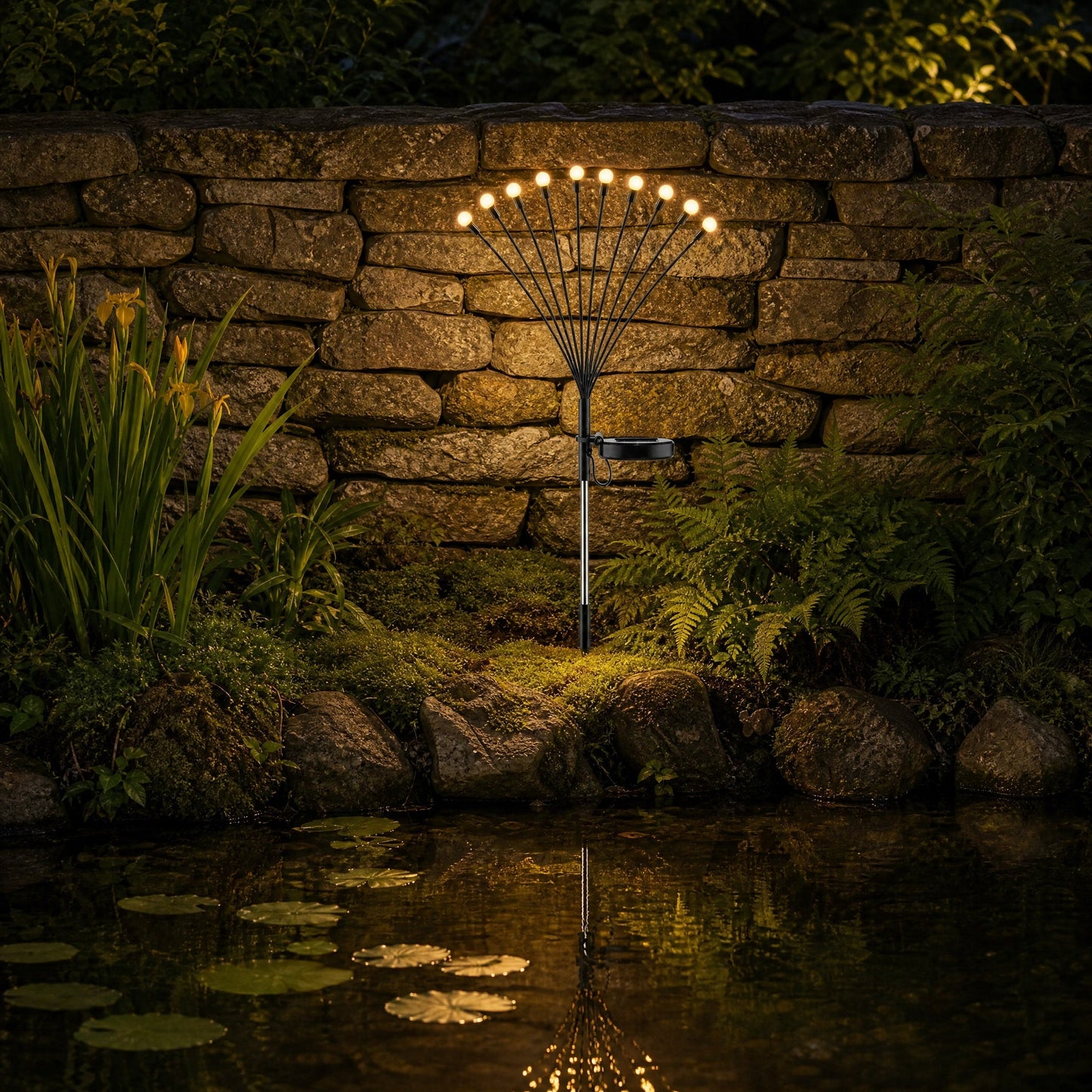 Islin solar fireflies lit beside a garden pond, golden reflections on the water at night | Wickleigh