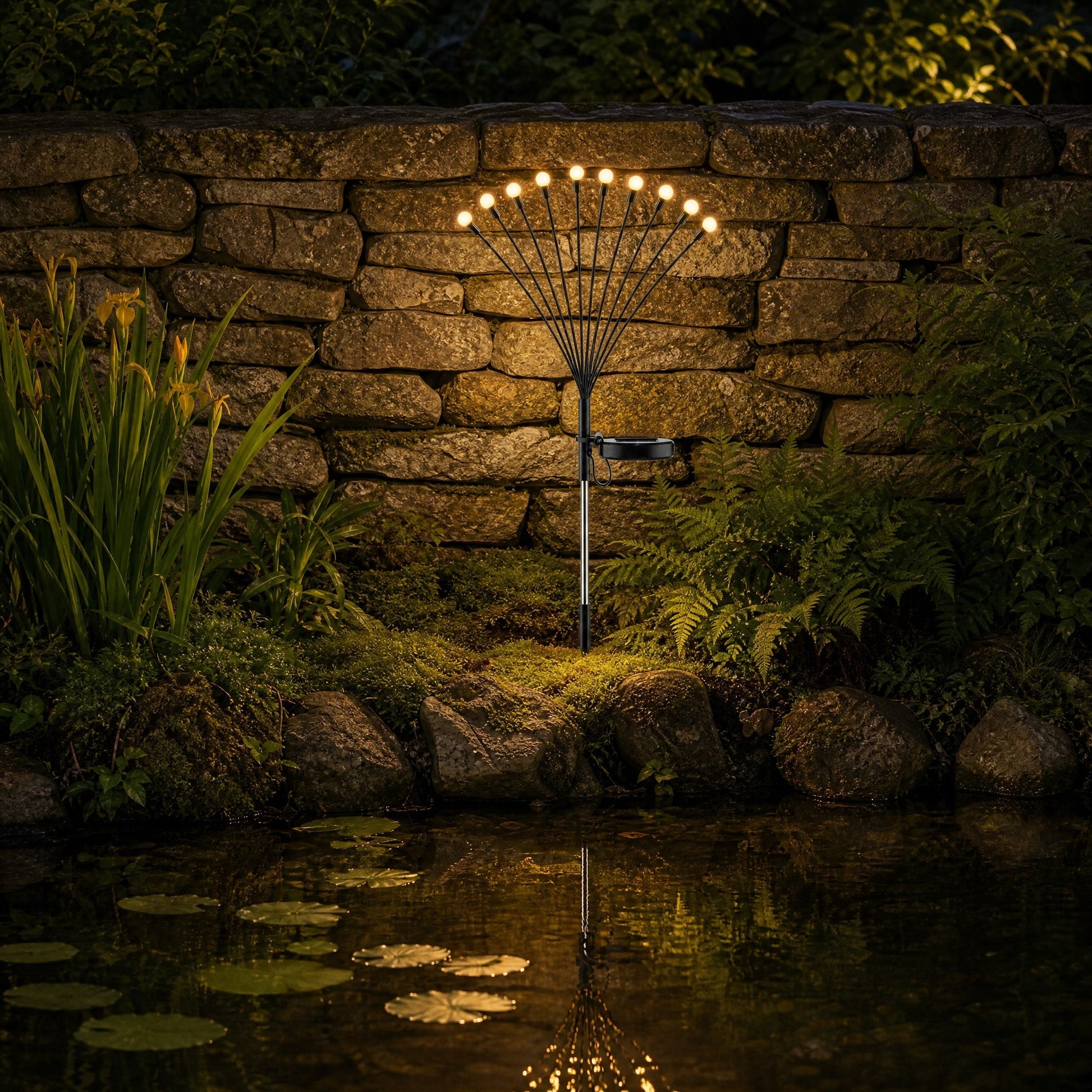 Islin solar fireflies lit beside a garden pond, golden reflections on the water at night | Wickleigh