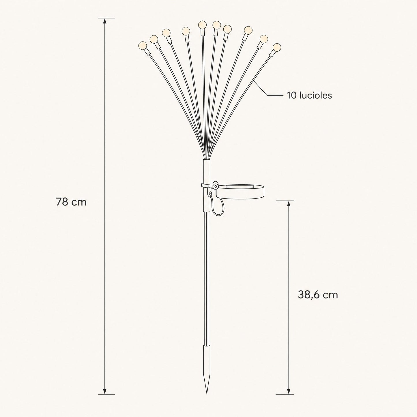 Dimension diagram of the Islin solar stake, total height 78 cm, stake 38.6 cm, ten fireflies | Wickleigh