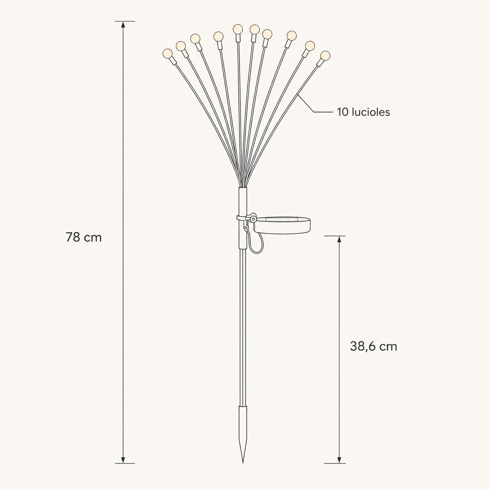 Dimension diagram of the Islin solar stake, total height 78 cm, stake 38.6 cm, ten fireflies | Wickleigh