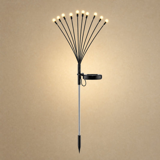 Islin solar garden stake with ten fireflies on flexible stems, stainless steel and adjustable solar panel | Wickleigh