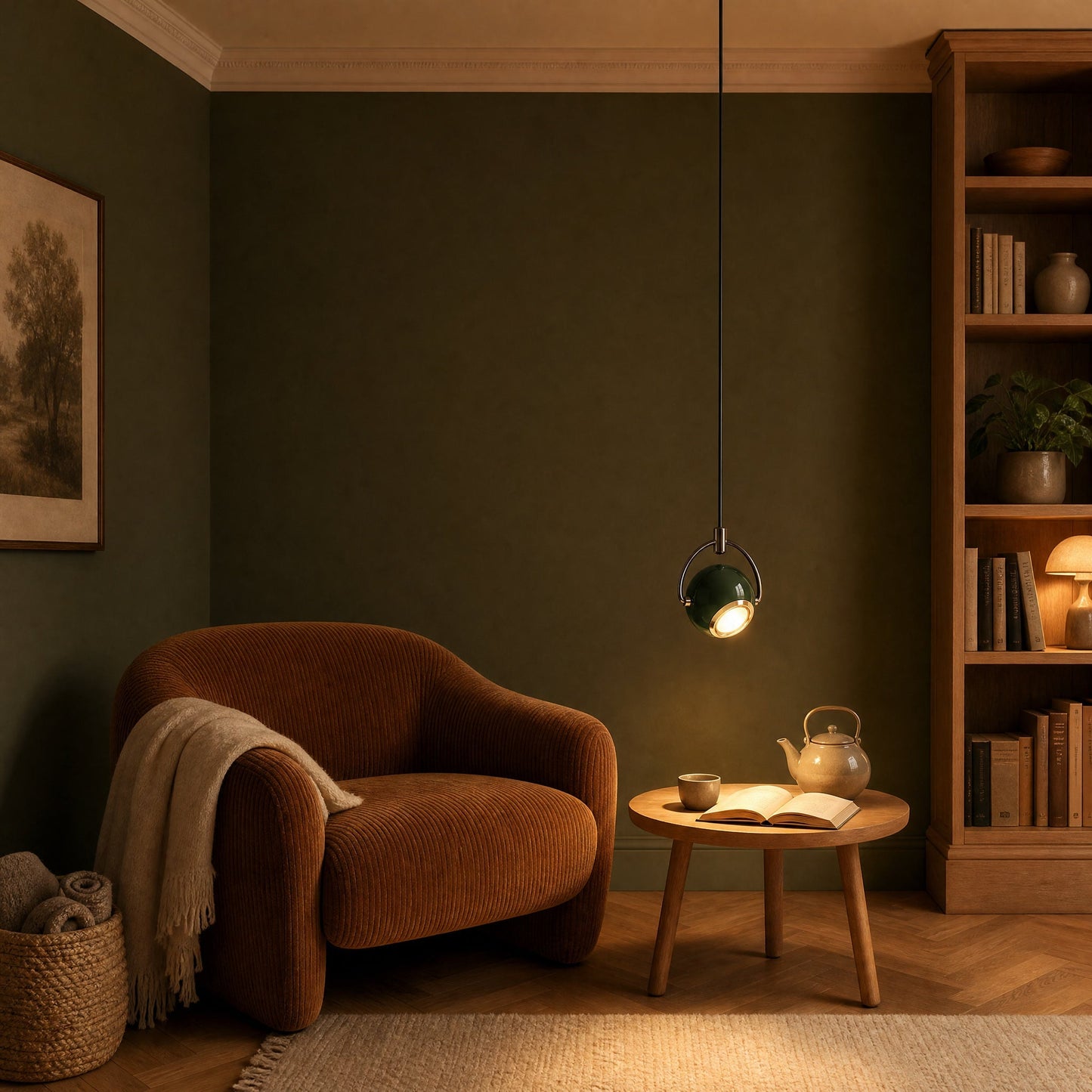Broin pine green pendant light lit above a round side table in a reading corner with an olive wall | Wickleigh