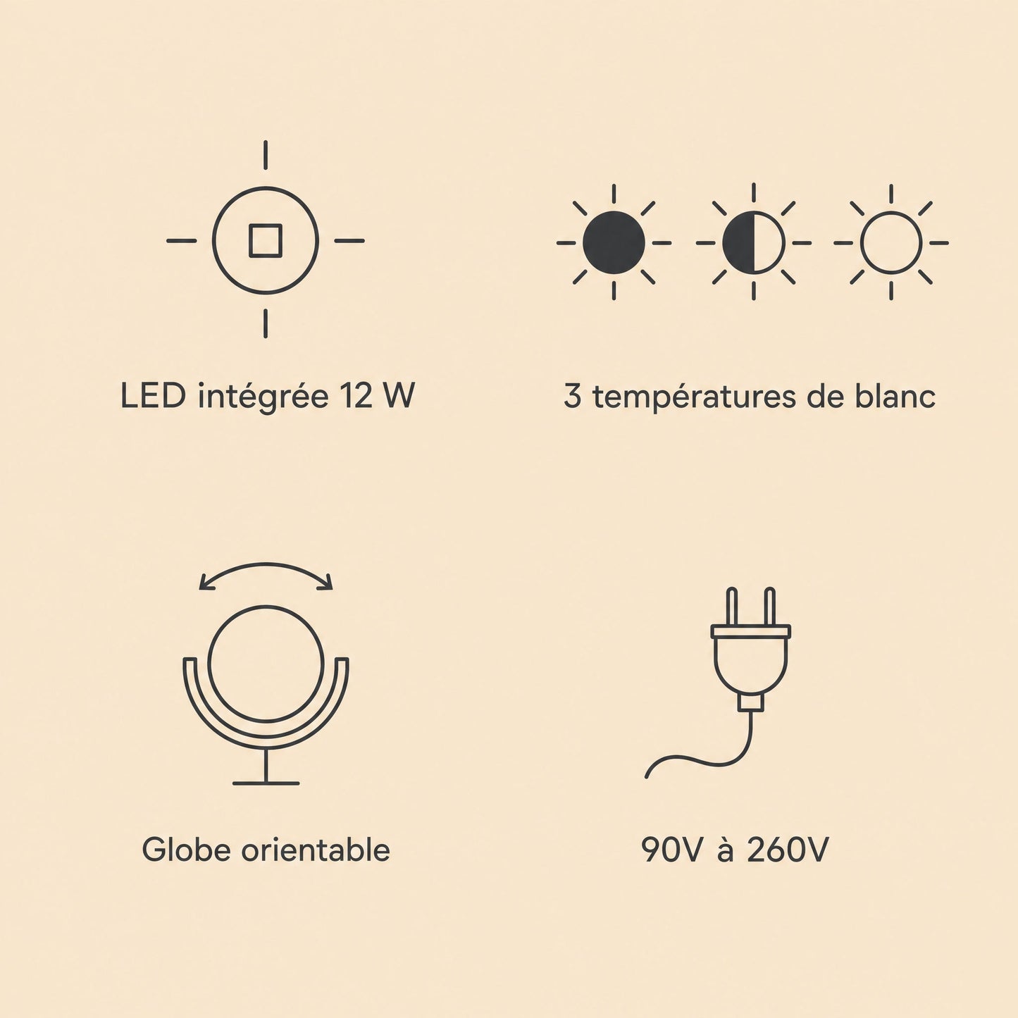 Broin pendant light specifications, 12 W integrated LED, three white temperatures, swivelling globe, 90V to 260V | Wickleigh