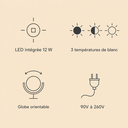 Broin pendant light specifications, 12 W integrated LED, three white temperatures, swivelling globe, 90V to 260V | Wickleigh