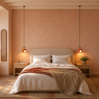 Pair of Broin orange pendant lights lit either side of a bouclé bed headboard | Wickleigh