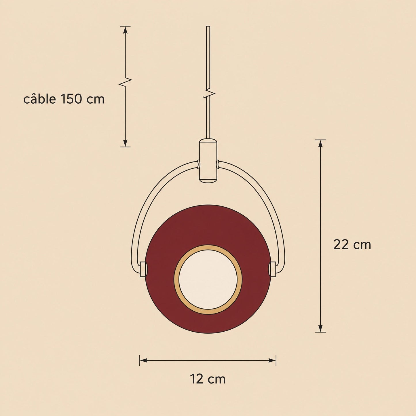 Dimensioned diagram of the Broin pendant light, 12 cm globe, 22 cm height, 150 cm adjustable cable | Wickleigh
