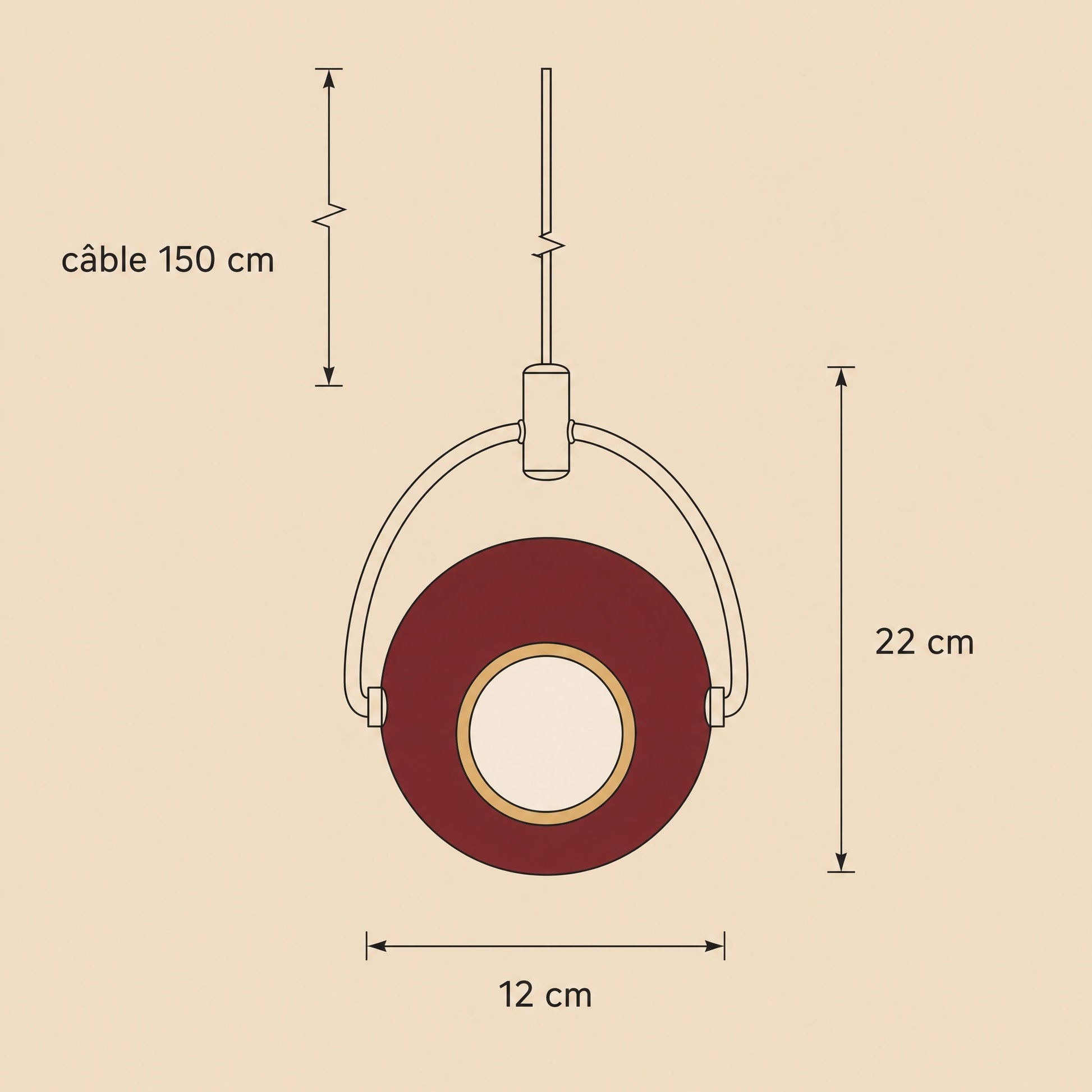 Dimensioned diagram of the Broin pendant light, 12 cm globe, 22 cm height, 150 cm adjustable cable | Wickleigh