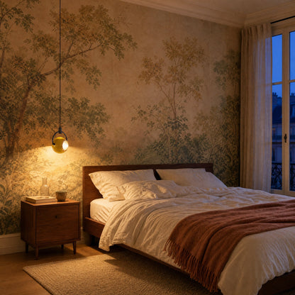 Broin yellow bedroom pendant light lit above a walnut bedside table, panoramic wallpaper wall | Wickleigh