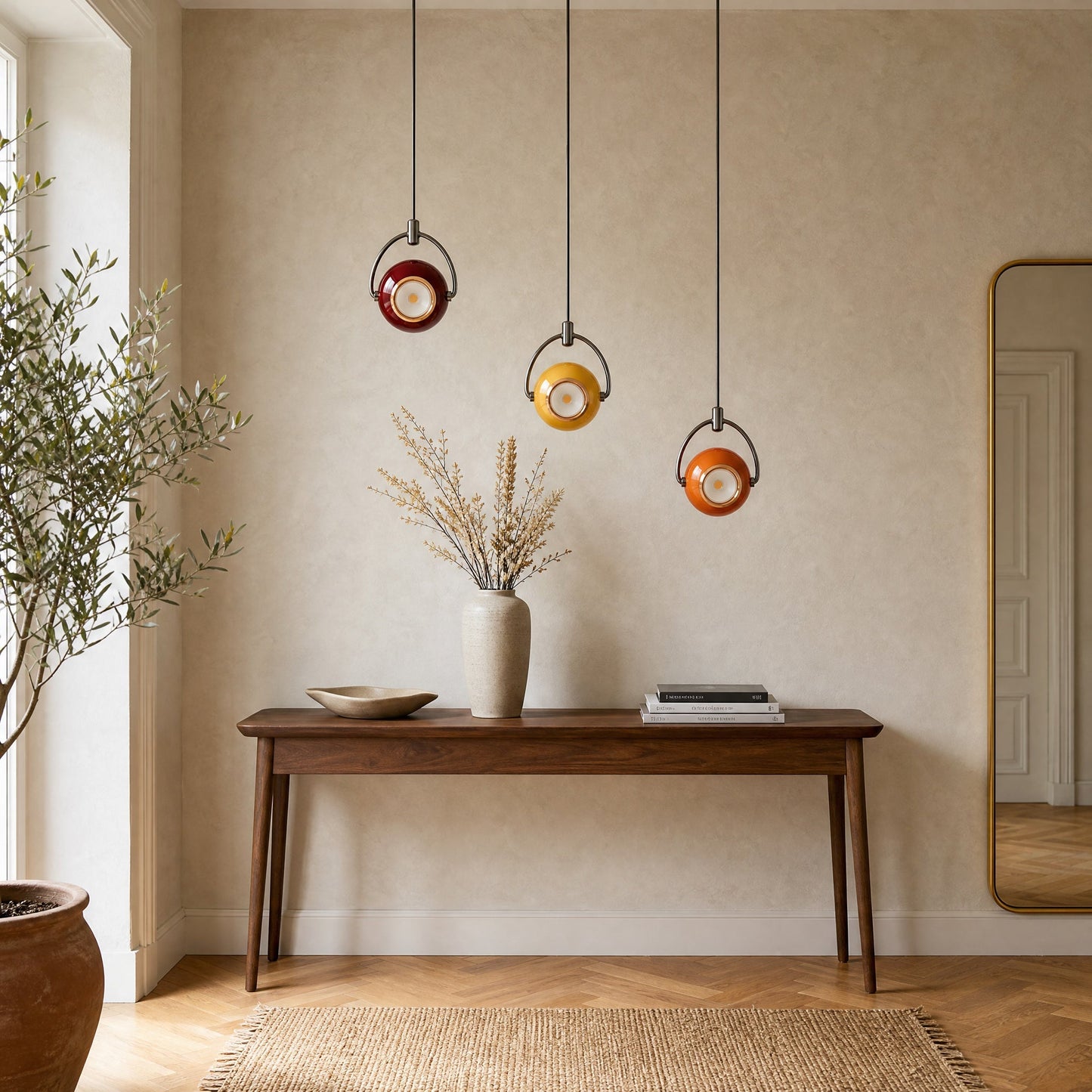 Trio of Broin pendant lights in red, yellow and orange cascading above a walnut hallway console | Wickleigh