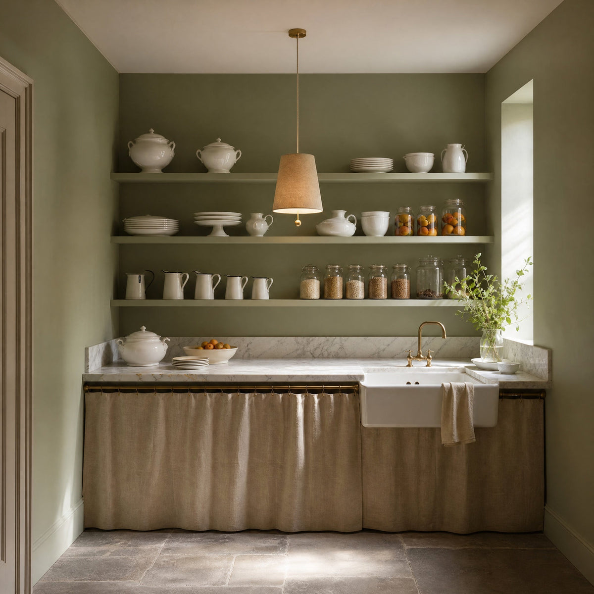 Ylsen fabric cone pendant light in Natural Beige, lit above a marble worktop | Wickleigh