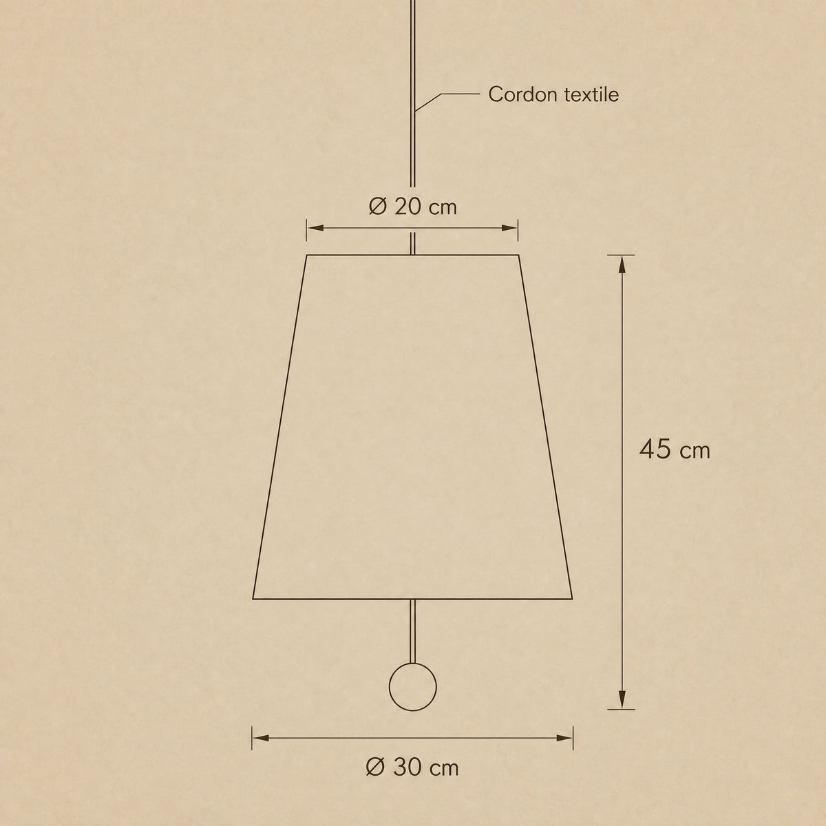 Dimension diagram of the Ylsen fabric cone pendant light, Ø 30 cm and total height 45 cm | Wickleigh