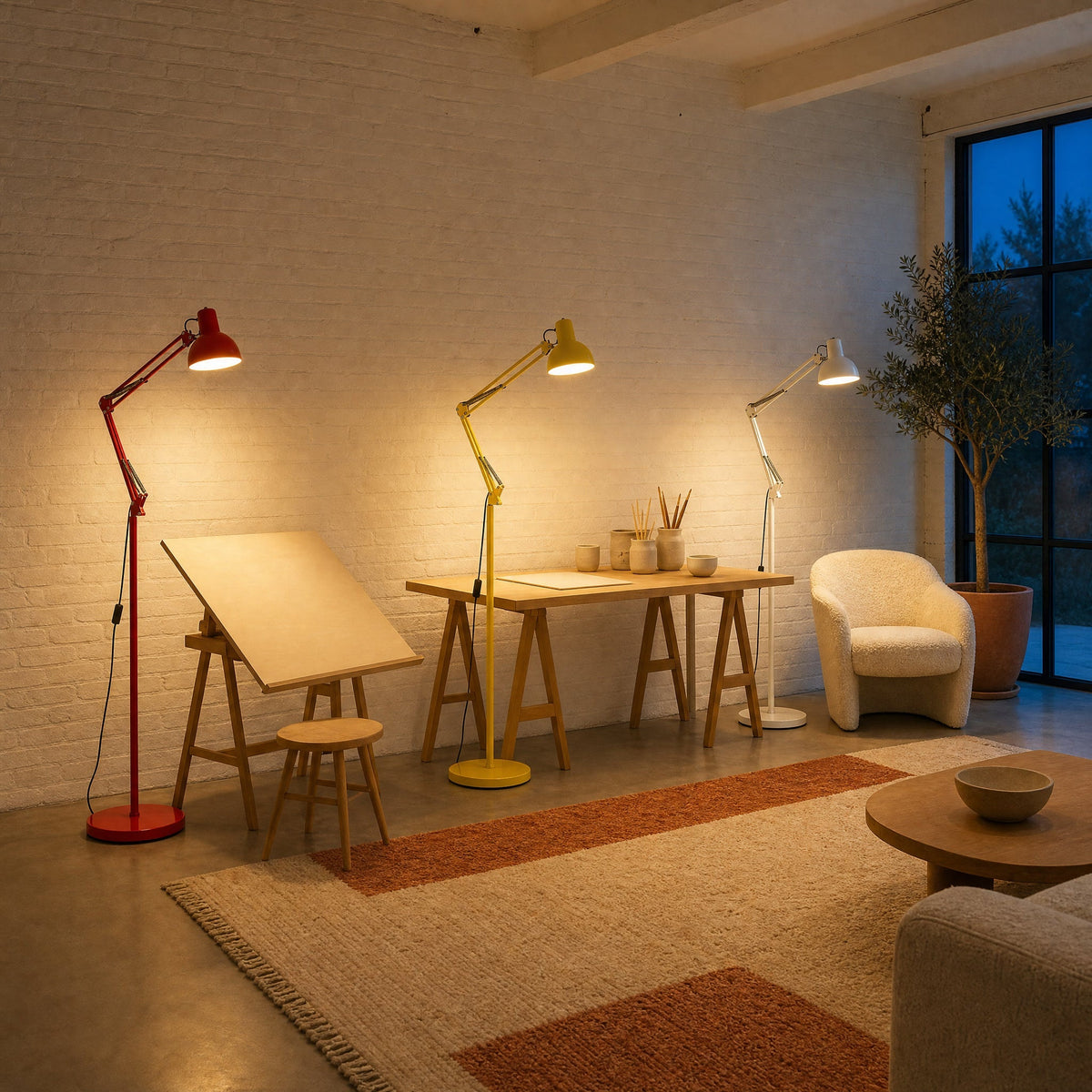 Three Melen floor reading lamps in red, yellow and white lit in a workshop-style living room | Wickleigh