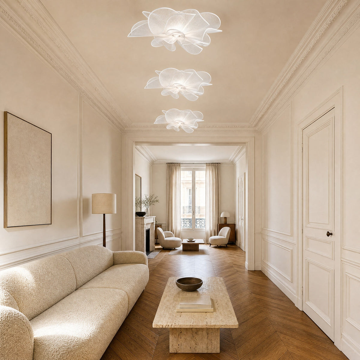 Three Eswen white flower ceiling lights aligned along an open-plan sitting room | Wickleigh
