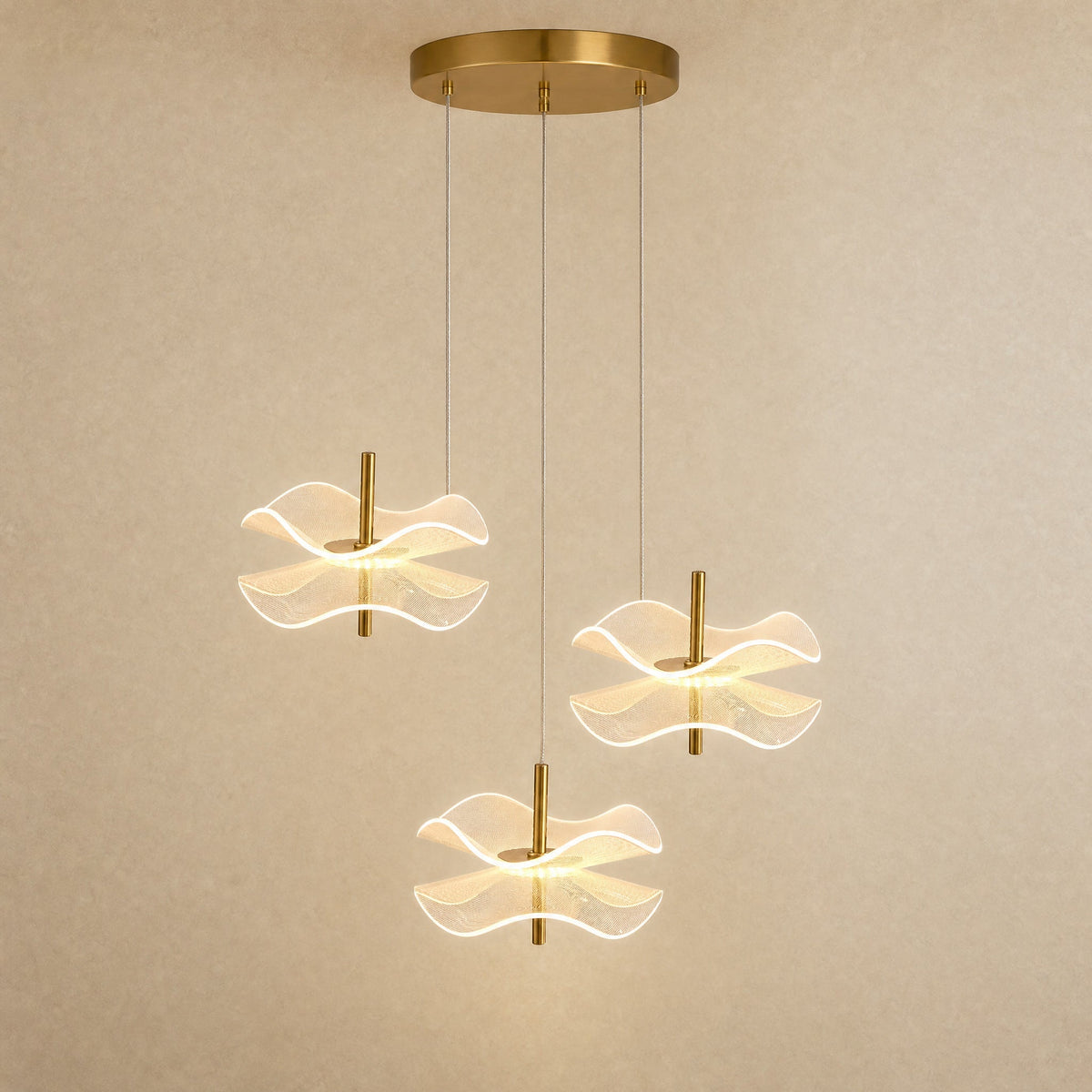 Orina flower pendant light, three-head configuration, hung at staggered heights | Wickleigh