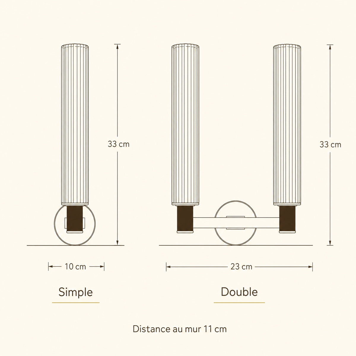 Dimensioned diagram of the Calin wall light, single 10 x 33 x 11 cm and double 23 x 33 x 11 cm | Wickleigh