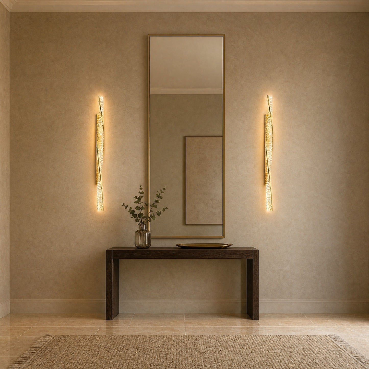 A pair of Frena crystal wall lights framing a hallway mirror | Wickleigh