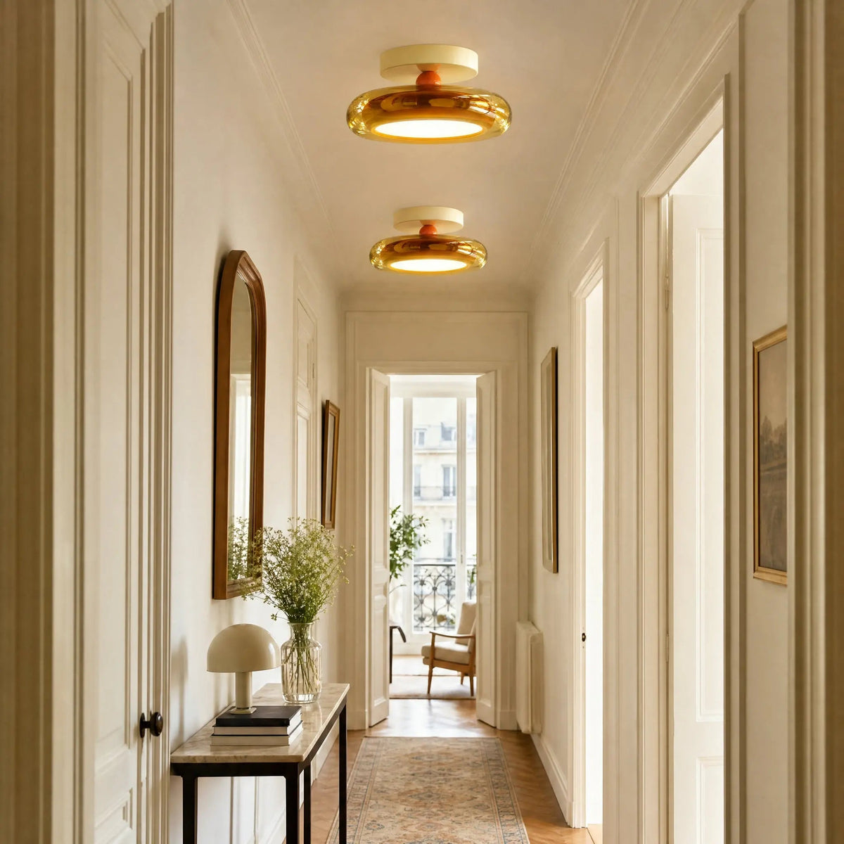 Two Aswyn amber ceiling lights aligned along a hallway | Wickleigh