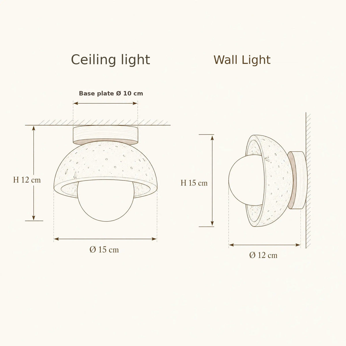 Melna travertine ceiling light and wall light size guide