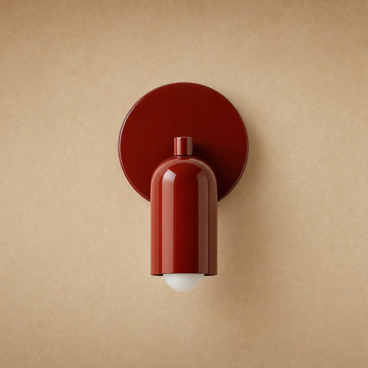 Cadren brick red hallway wall light, round plate and lacquered dome | Wickleigh