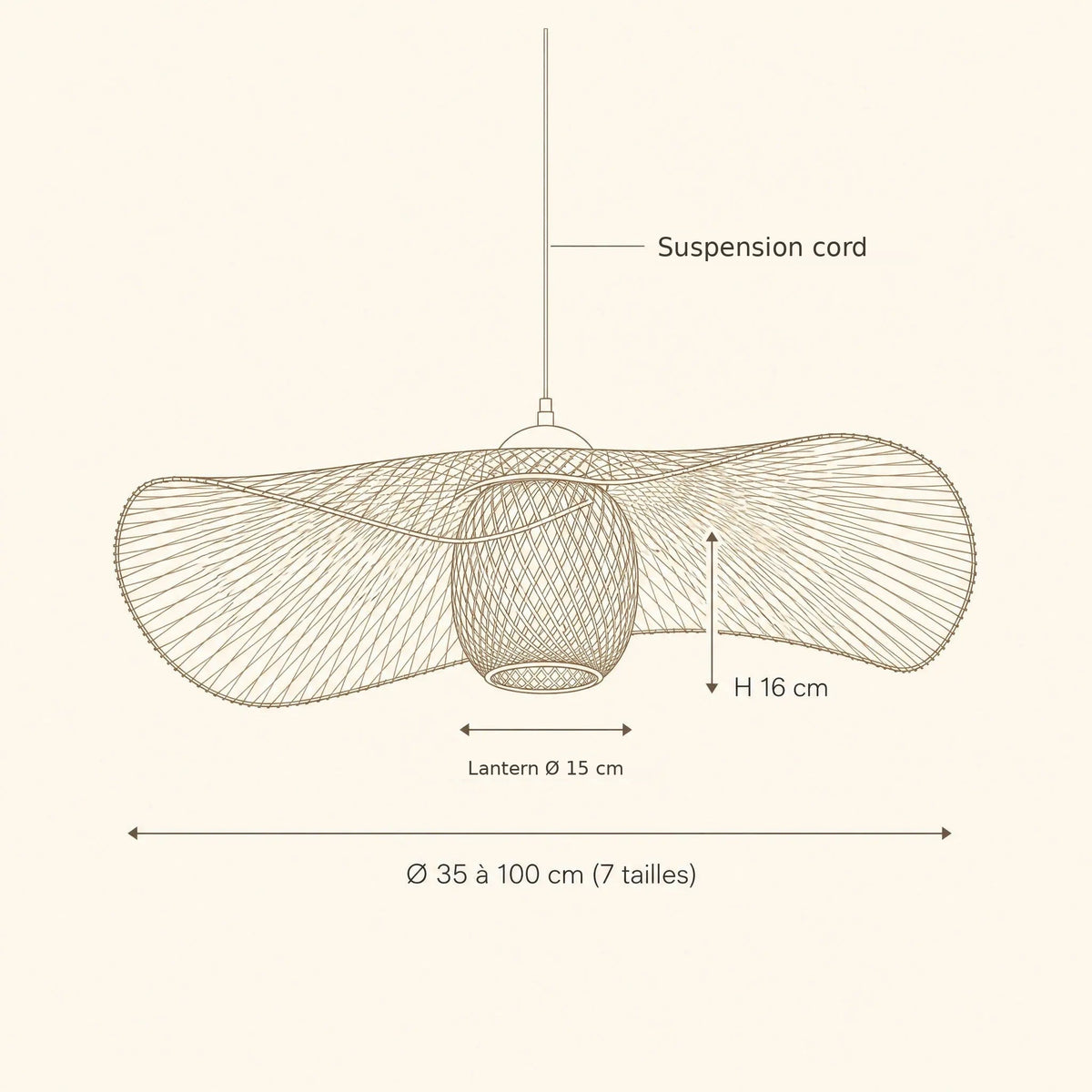 Einell woven bamboo pendant light size guide