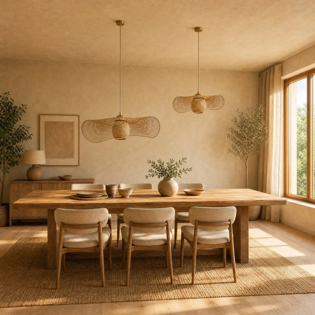 Two Einell bamboo pendant lights, Ø 55 and Ø 35 cm, above a large table | Wickleigh