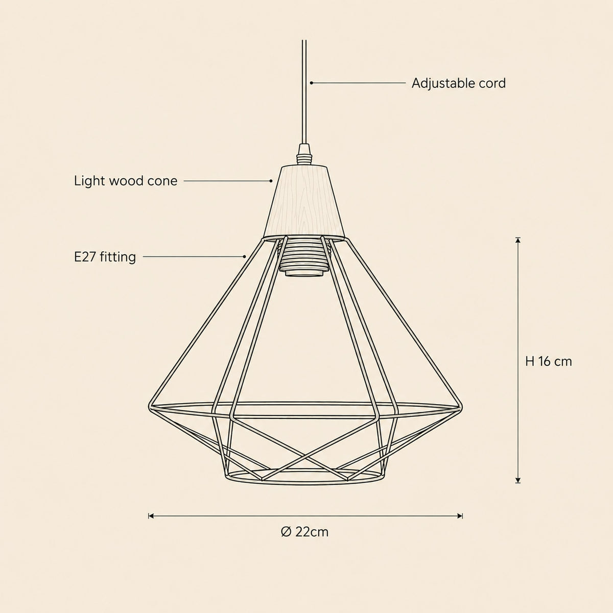 Fyrra diamond cage pendant light size guide