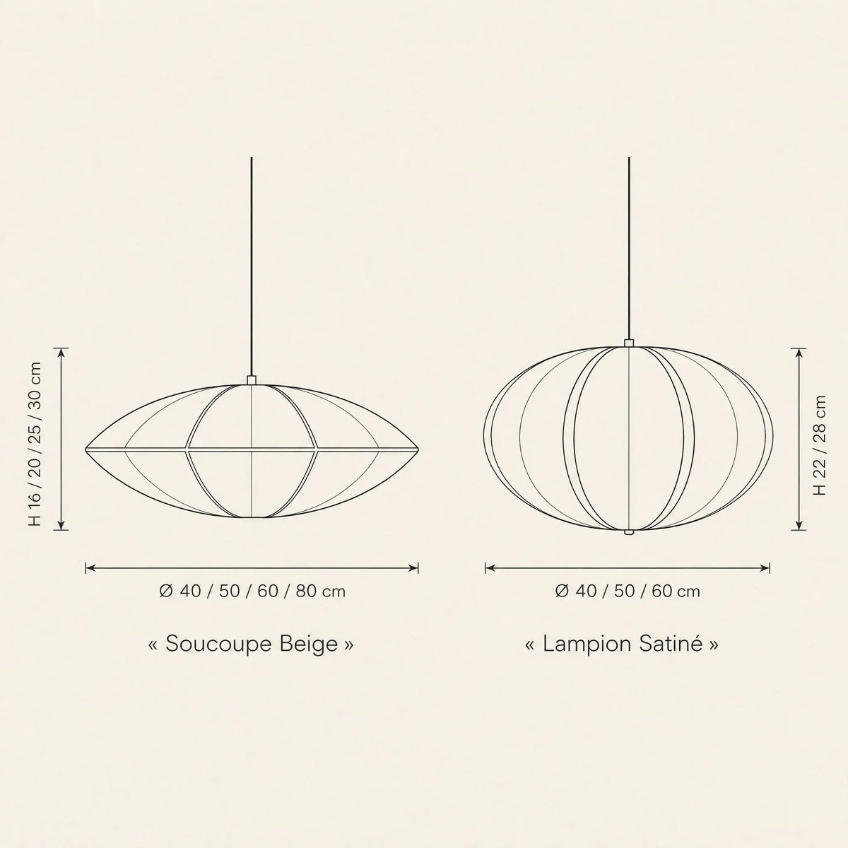 Dimension diagram of the Arnell Japanese pendant light, Beige Saucer and Satin Lantern shapes | Wickleigh