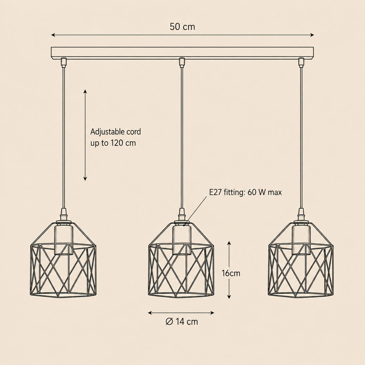 Ullin trio of black wire cages pendant light size guide