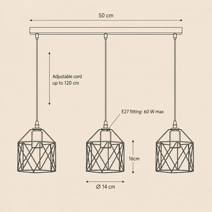 Ullin trio of black wire cages pendant light size guide