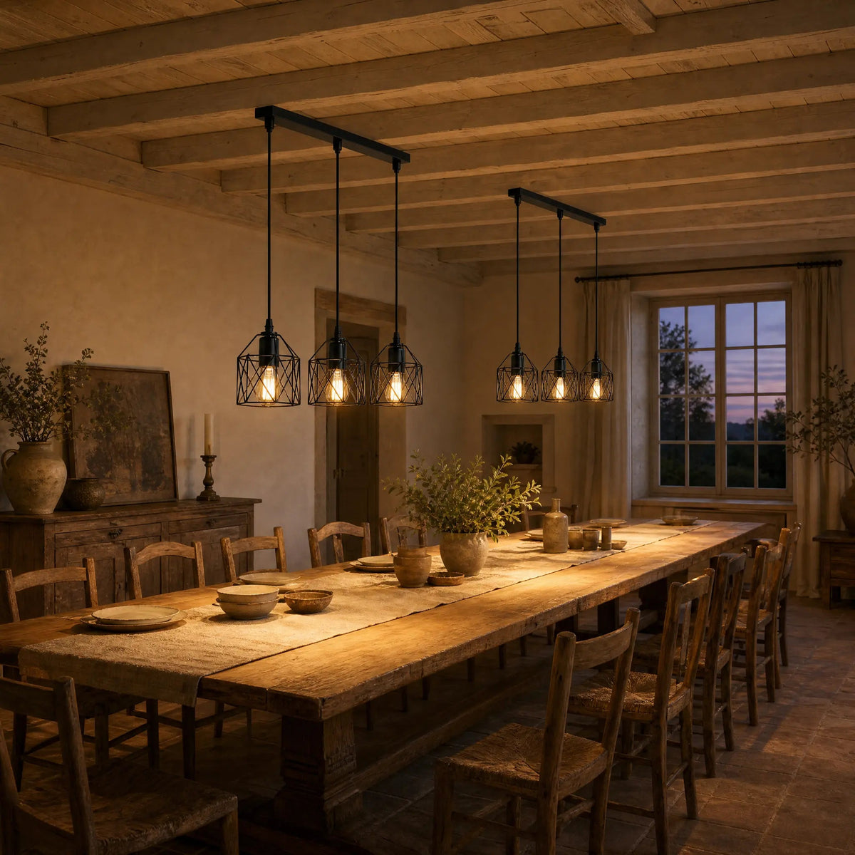 Two Ullin pendant lights aligned above a long farmhouse table in the evening | Wickleigh