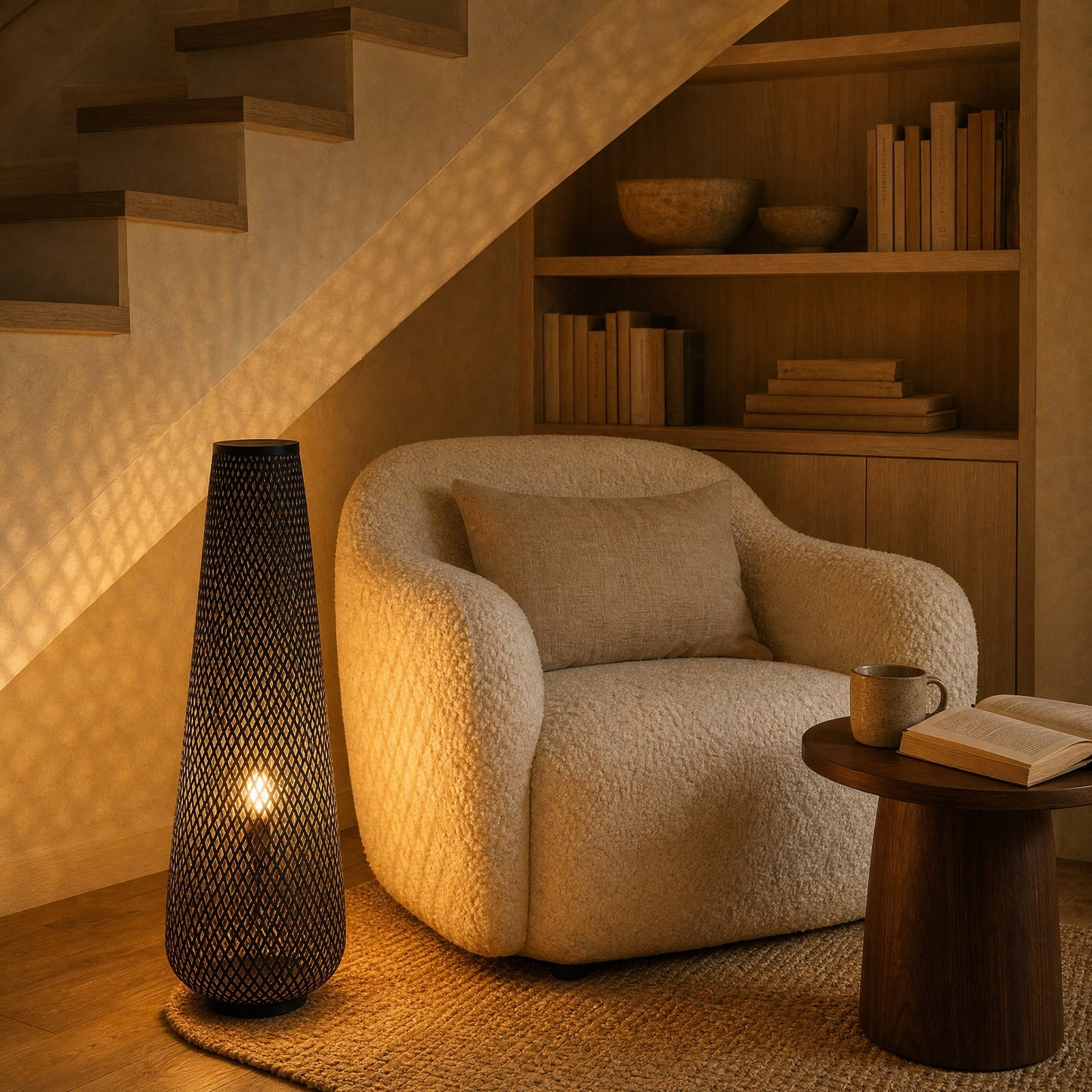 Eirin bamboo floor lamp in black lit in a reading corner under the stairs | Wickleigh