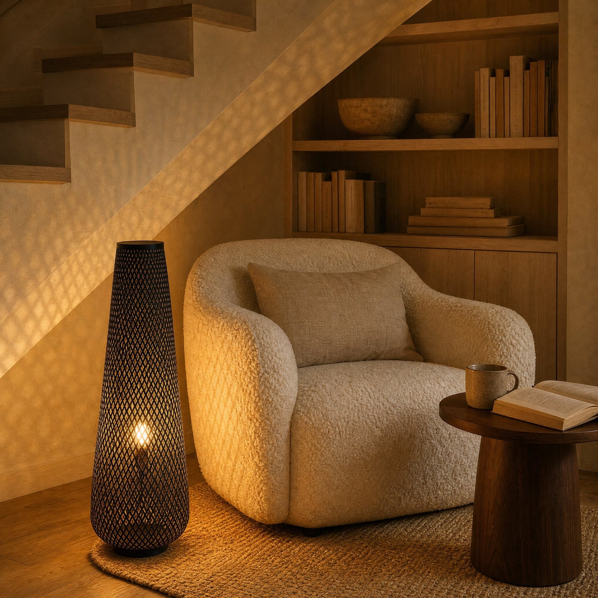 Eirin bamboo floor lamp in black lit in a reading corner under the stairs | Wickleigh