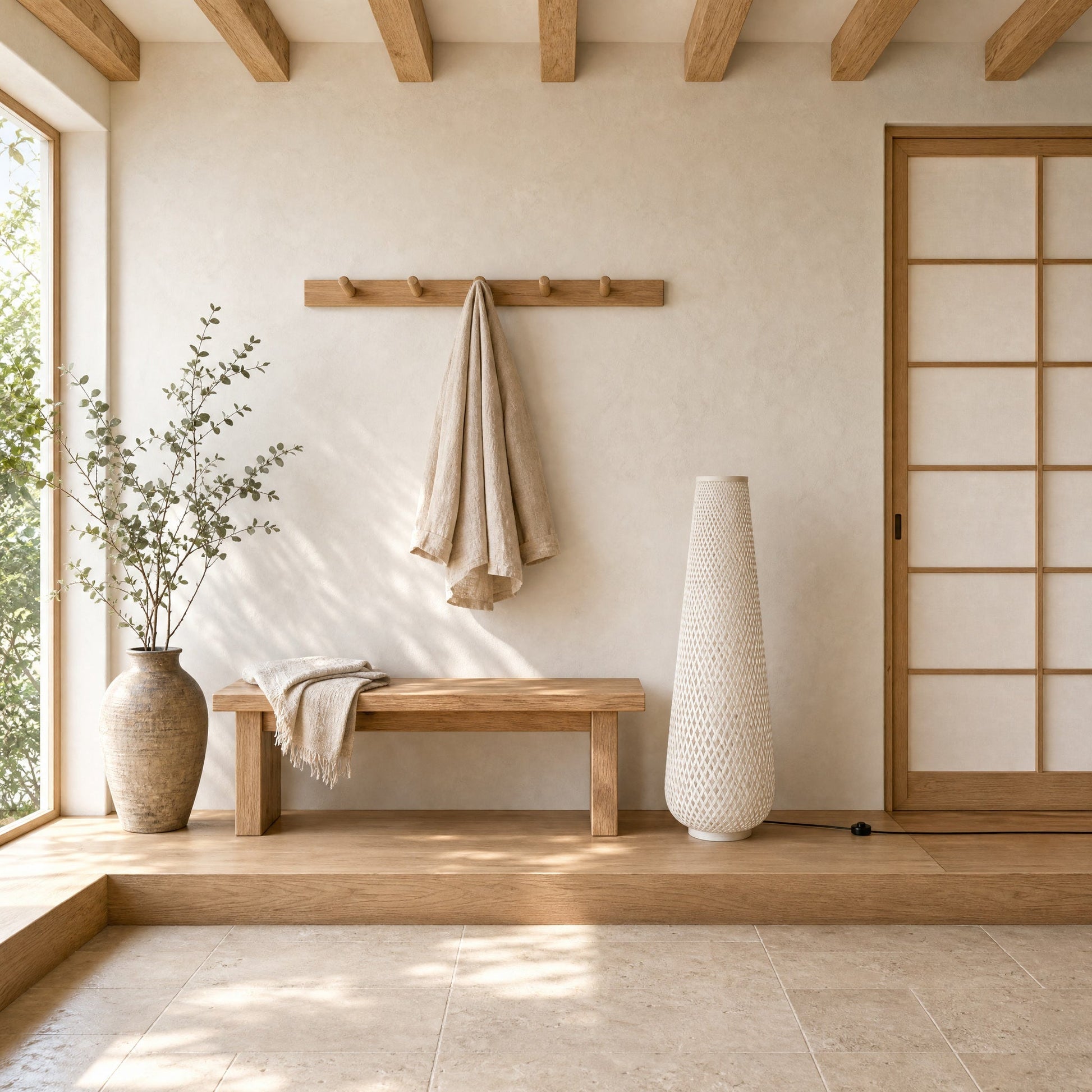 Eirin bamboo floor lamp in white standing in a Japandi hallway in daylight | Wickleigh