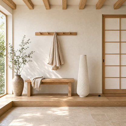 Eirin bamboo floor lamp in white standing in a Japandi hallway in daylight | Wickleigh