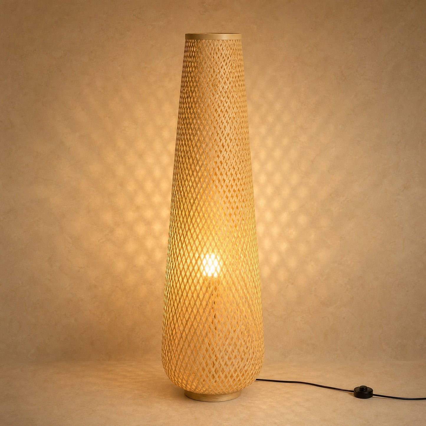 Eirin bamboo floor lamp lit, hand-woven spindle in natural bamboo, 93 cm | Wickleigh