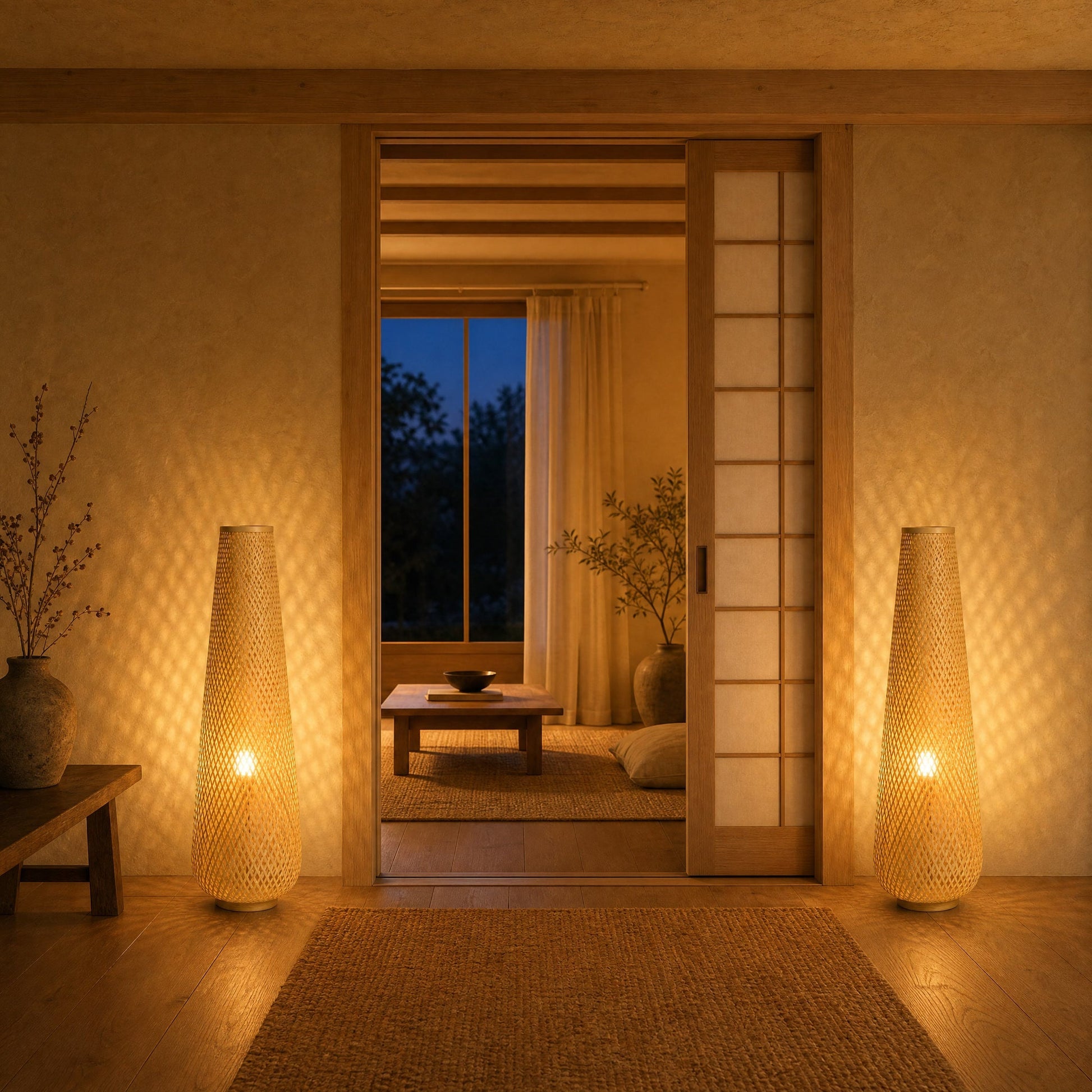 A pair of Eirin bamboo floor lamps lit either side of a Japanese sliding door | Wickleigh