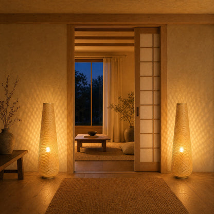 A pair of Eirin bamboo floor lamps lit either side of a Japanese sliding door | Wickleigh