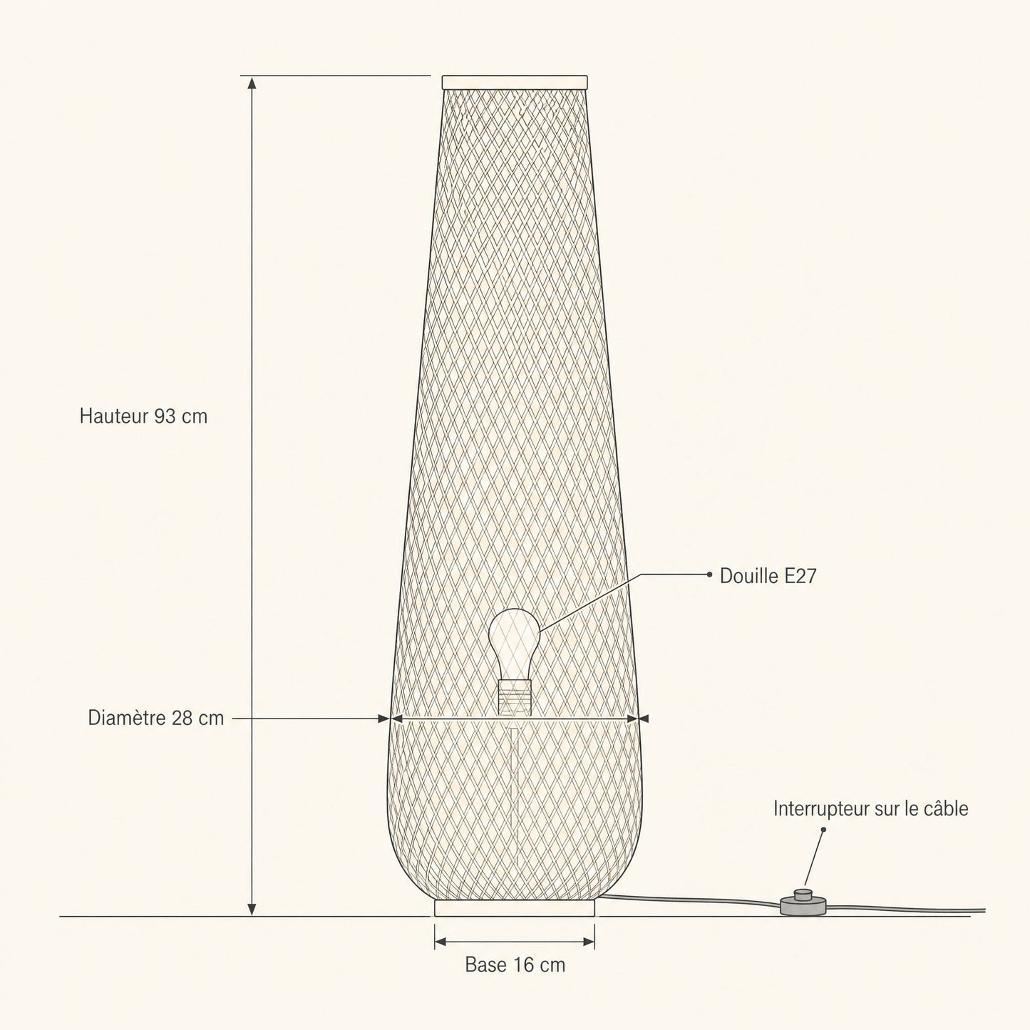 Dimension diagram of the Eirin bamboo floor lamp, height 93 cm, diameter 28 cm, base 16 cm, E27 fitting | Wickleigh