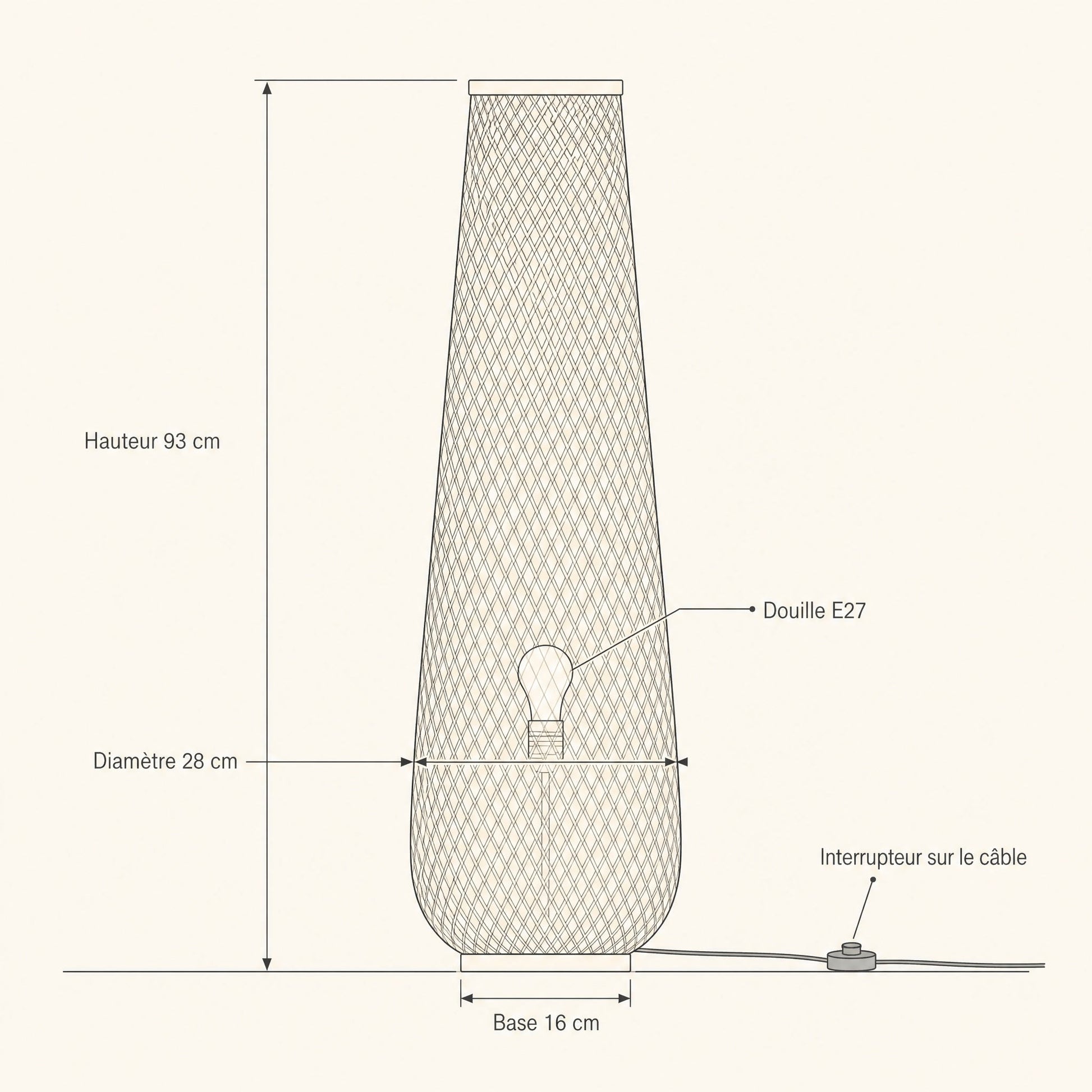 Dimension diagram of the Eirin bamboo floor lamp, height 93 cm, diameter 28 cm, base 16 cm, E27 fitting | Wickleigh