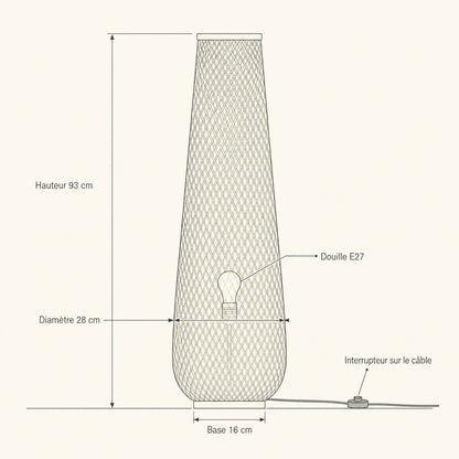 Dimension diagram of the Eirin bamboo floor lamp, height 93 cm, diameter 28 cm, base 16 cm, E27 fitting | Wickleigh