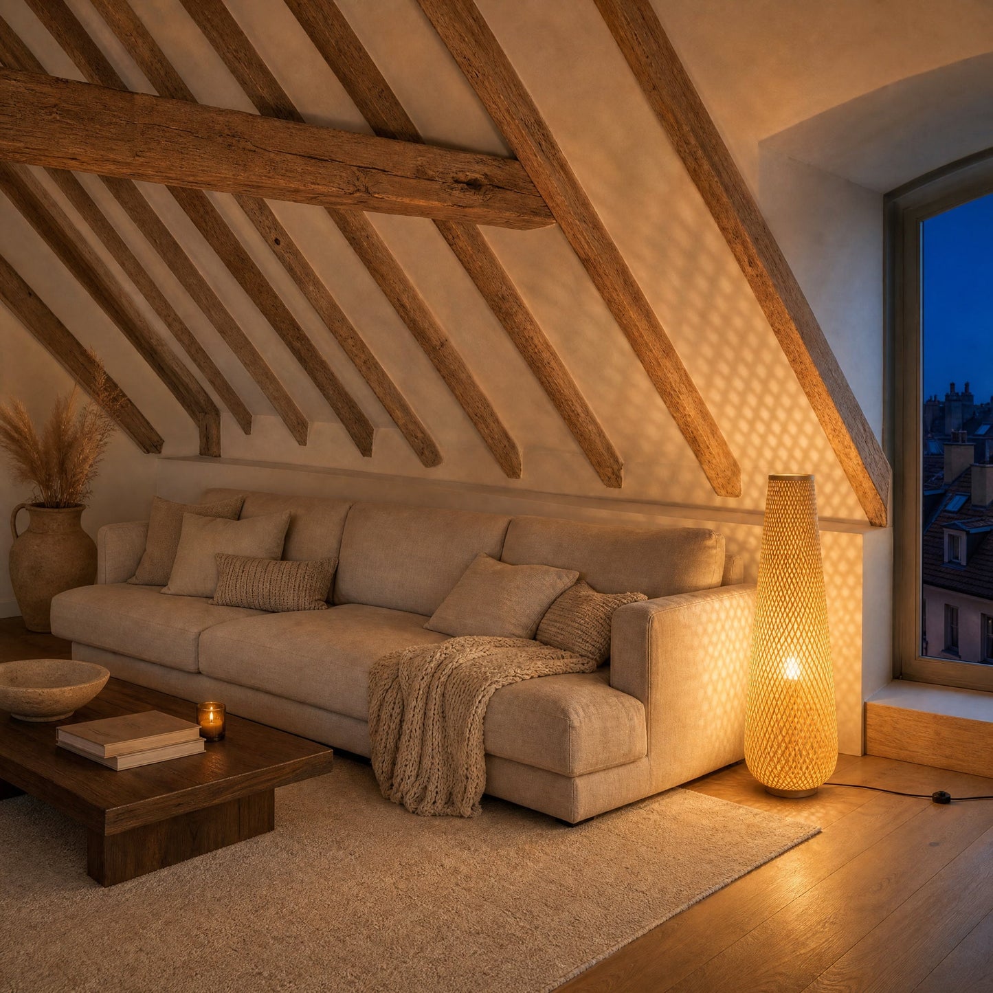 Eirin bamboo floor lamp lit beside a linen sofa in an attic sitting room at dusk | Wickleigh