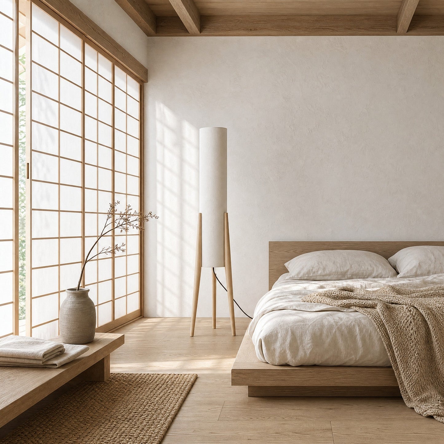 Teira floor lamp in light wood finish in a Japandi bedroom with a shoji screen | Wickleigh