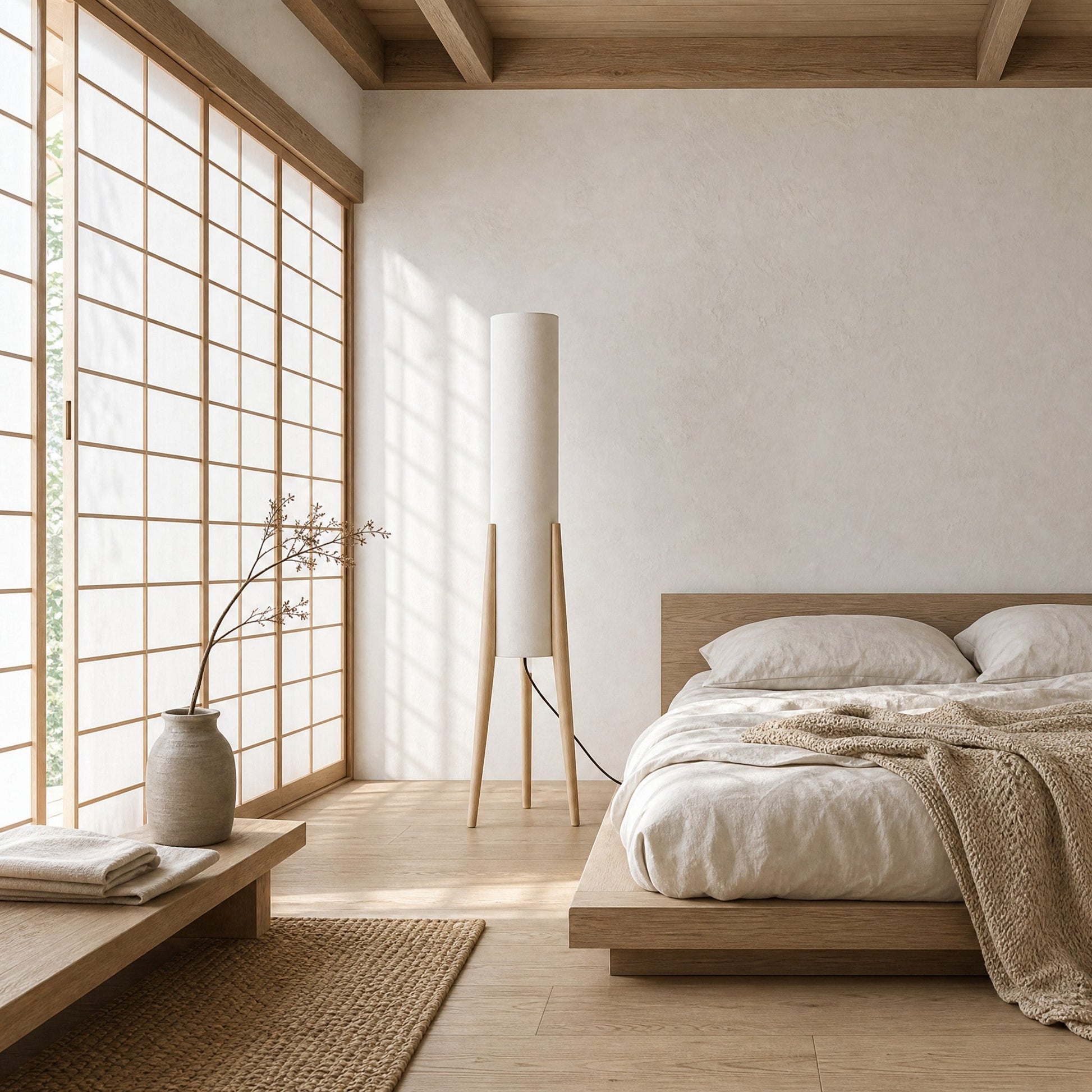 Teira floor lamp in light wood finish in a Japandi bedroom with a shoji screen | Wickleigh