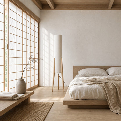 Teira floor lamp in light wood finish in a Japandi bedroom with a shoji screen | Wickleigh