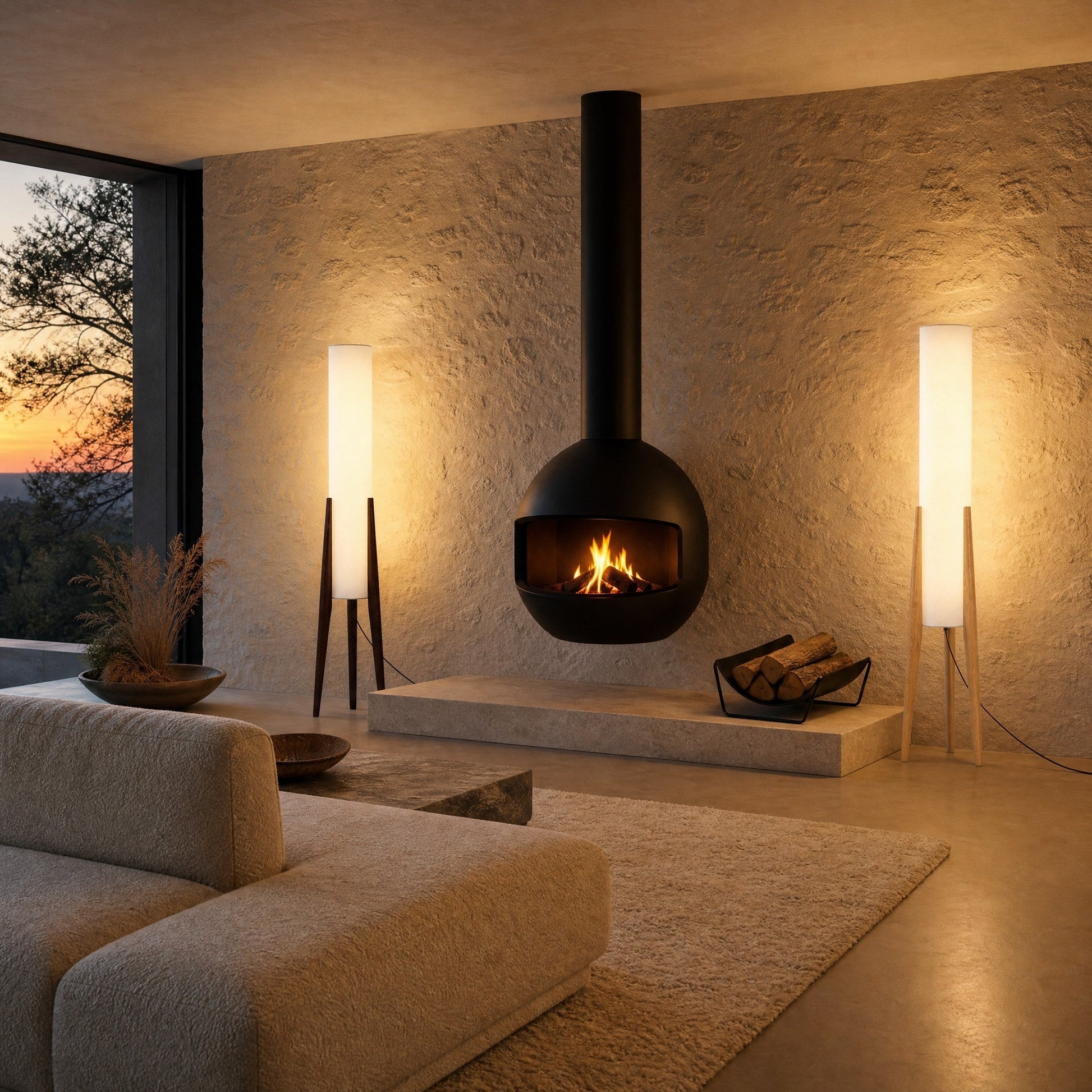 Two Teira wood floor lamps lit either side of a suspended fireplace | Wickleigh