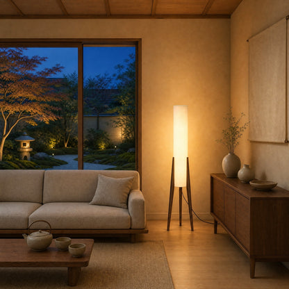 Teira wood floor lamp lit in a Japandi sitting room opening onto a moss garden | Wickleigh